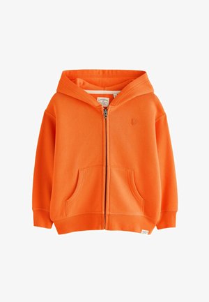 Ryškiai oranžinė užsegama su užtrauktuku su gobtuvu, priekiniėmis kišenėmis ir išsiuvinėtu logotipu kairėje krūtinės pusėje.