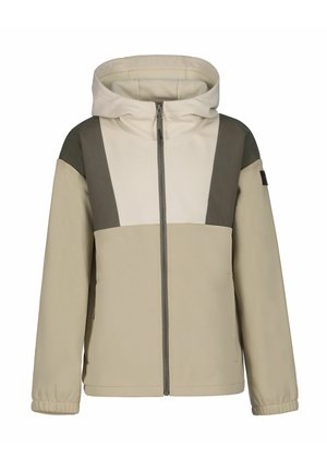 Chaqueta con capucha de cremallera en beige y verde oliva, con mangas largas y puños elásticos, diseñada para climas más frescos.