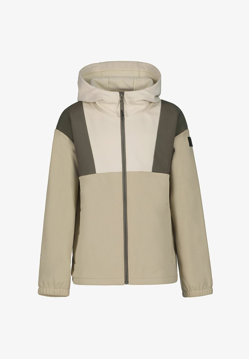 Beige und olivgrüne Kapuzenjacke mit Reißverschluss, langen Ärmeln und elastischen Bündchen, entworfen für kühlere Temperaturen.