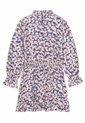 Langærmet kjole med flæset krave og kant, elastisk talje og et abstrakt blomsterprint i blå, hvide og pink nuancer.