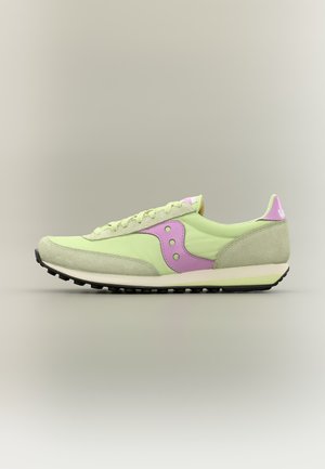 Light green and pastel purple low-top sneaker with suede details and black rubber sole, shown in side profile on neutral background.