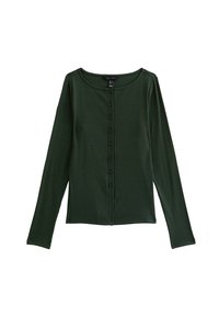 Top lungo a maniche nelle tonalità di verde scuro con scollatura rotonda e chiusura a bottoni, realizzato in tessuto a costine, con sei bottoni centrali.