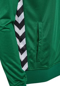 Groene sportjack met een zijstreep met zwart-wit chevronpatroon. Gemaakt van gladde, lichte stof met een zakdetail.