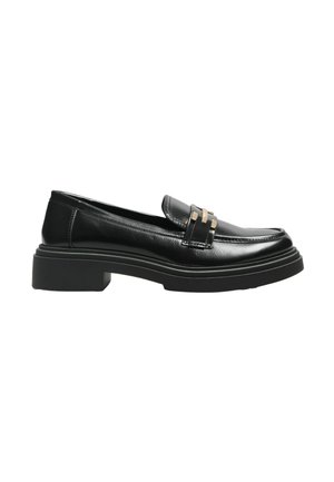 Schwarzer Leder-Slipper mit niedrigem Blockabsatz und goldfarbenem Metalldetail vorne, glatter Oberfläche und genähter Naht entlang der Spitze.