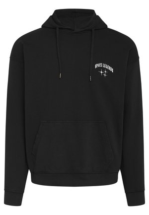 Black hoodie made of soft fabric with a front pouch pocket, drawstring hood, and white "SPACE LEGENDS" text on the chest.