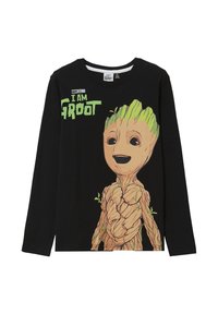 Maglietta nera a maniche lunghe con un personaggio cartoon Groot, dettagli verdi, volto sorridente e un design che ricorda la texture del legno.