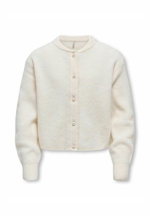 Cardigan tricoté couleur crème avec manches longues, col rond et cinq boutons en perle sur le devant.