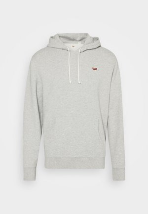 Sudadera de algodón gris con bolsillo canguro, capucha con cordón y pequeño logo rojo de Levi's en el pecho. Puños y dobladillo acanalados.