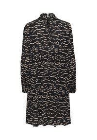 Robe noire à manches longues et à design en volants, présentant un motif abstrait crème et un col froncé au dos.