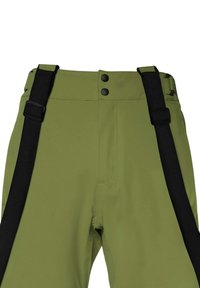 Groene broek met zwarte bretels, twee knopen in de taille, flat front ontwerp en twee zijzakken. Gladde textuur, op maat gemaakte pasvorm.