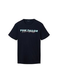 T-shirt en coton bleu marine avec un col rond et des manches courtes. Présente "TOM TAILOR" et "Essentials" en lettres bleu clair et rose.