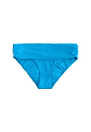 Bas de bikini femme bleu vif à taille pliée, tissu lisse avec léger froncé sur les côtés, design simple et sans couture.
