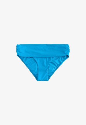 Hellblauer gefalteter Taillenbund Damen-Bikinihose, glattes Material mit leichter Raffung an den Seiten, schlichtes und nahtloses Design.