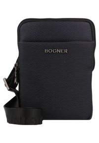 Navy textured nylon crossbody bag with a zip closure, featuring a front pocket and a branded logo. Adjustable strap included.