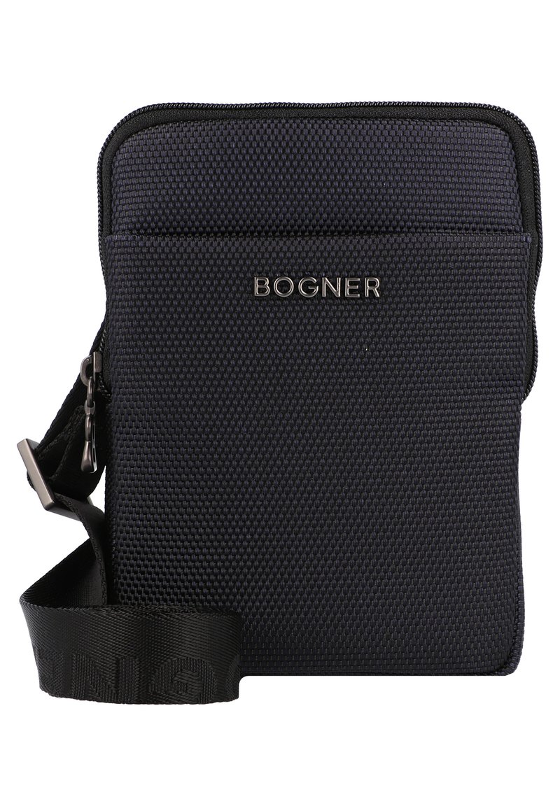 Navy textured nylon crossbody bag with a zip closure, featuring a front pocket and a branded logo. Adjustable strap included.