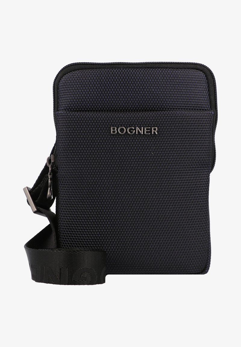 Mørkeblå strukturert nylon crossbody-veske med glidelås, med en frontlomme og et merket logo. Justerbar stropp inkludert.