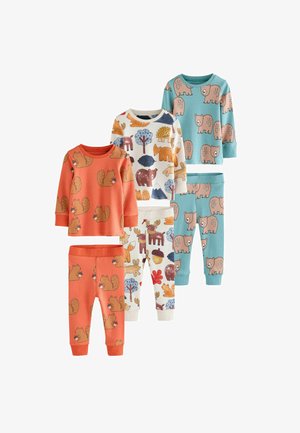 Set med fem barnpyjamasar i livfulla färger: orange och turkos, med djurmönster, mjukt bomullsmaterial och elastiska ärmslut.