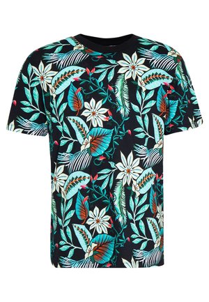 T-shirt noir à manches courtes avec un motif floral tropical vibrant en bleu sarcelle, blanc, vert et rouge couvrant tout le tissu.