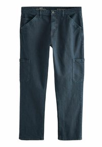 Donkerblauwe cargo pants met een rechte pasvorm, gemaakt van denim, met twee zijzakken en een knoopsluiting in de taille. Stevige textuur.