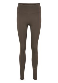 Bruna leggings med hög midja, slät textur och stretchigt material. Har en enkel design och minimala sömnadsdetaljer.