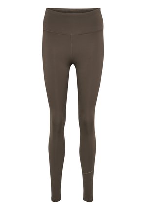 Brune leggings med høj talje, glat tekstur og strækbart materiale. Har et enkelt design og minimal syning.