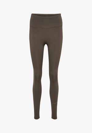 Bruine leggings met een hoge tailleband, gladde textuur en rekbaar materiaal. Heeft een eenvoudig ontwerp en minimale stikselaccenten.