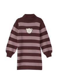 Gebreide jurk in bordeauxrood met lichte roze strepen, voorzien van een ronde, textuurpatte bear face patch op de voorkant en een hoge halslijn.