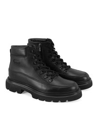 Bottines noires en cuir avec un bout rond, lacets à l'avant, fermeture éclair sur le côté et semelle en caoutchouc épaisse dotée d'un profond crampon pour une meilleure adhérence.