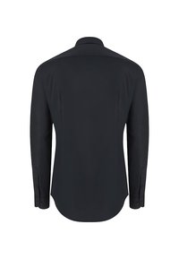 Czarna długosleeve koszula zapinana na guziki pokazana od tyłu, z klasycznym kołnierzykiem i zapięciami na guziki na mankietach.