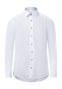 Langärmliges weißes Hemd mit kontrastierendem blau gepunktetem Innenkragen, sieben schwarzen Knöpfen auf der Vorderseite und einem abgerundeten Saum.