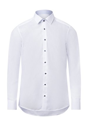 White long-sleeve shirt with a blue polka dot collar. Features a front button closure with dark buttons and a curved hem. Smooth texture.