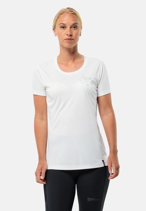 Weißes kurzärmliges Sportshirt mit rundem Ausschnitt und dezentem Grafikdesign auf der Brust, kombiniert mit schwarzen Sportleggings.