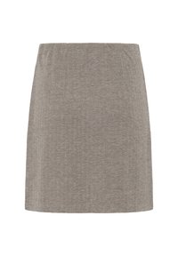 Kort A-line nederdel i houndstooth mønster, fremstillet i et struktureret stof i nuancer af brun og beige, med en lige kant.