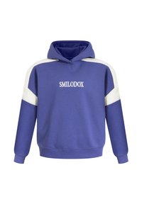 Purple hooded sweatshirt with white accent panels, cotton blend material, and "SMILODOX" logo embroidered on the front. Front kangaroo pocket.