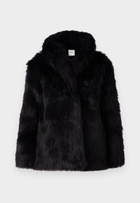Mustmustest faux fur jakk, millel on tekstuuriga viimistlus, laia krae ja avatud esiosa. Disain on lõdva istuvusega, sobib kihiliseks kandmiseks.