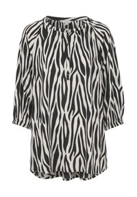 Zwart-wit gestreepte blouse met een ronde hals, driekwart mouwen en knoopaccenten aan de voorkant. Lichtgewicht, vloeiend materiaal.