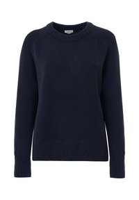 Maglione blu navy in tessuto lavorato a maglia con scollo rotondo, polsini e orlo a coste; presenta una vestibilità comoda e una spalla senza cuciture.