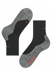 Chaussettes noires et grises avec un design à côtes, talon et orteil renforcés, portant la lettre "R" en rouge et le texte de la marque en gris clair.