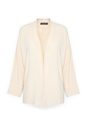 Cardigan ouvert de couleur crème avec manches longues et poignets côtelés, présenté sur un fond blanc.