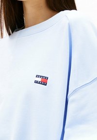 Sudadera azul clara de algodón con cuello redondo. Presenta un pequeño parche de logo bordado en azul, rojo y blanco en el pecho.