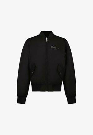 Zwart bomberjack met een ritssluiting aan de voorkant, ribgebreide manchetten en zoom, twee zijzakken en een geborduurd logo op de linkerkant van de borst. Gladde stoftextuur.