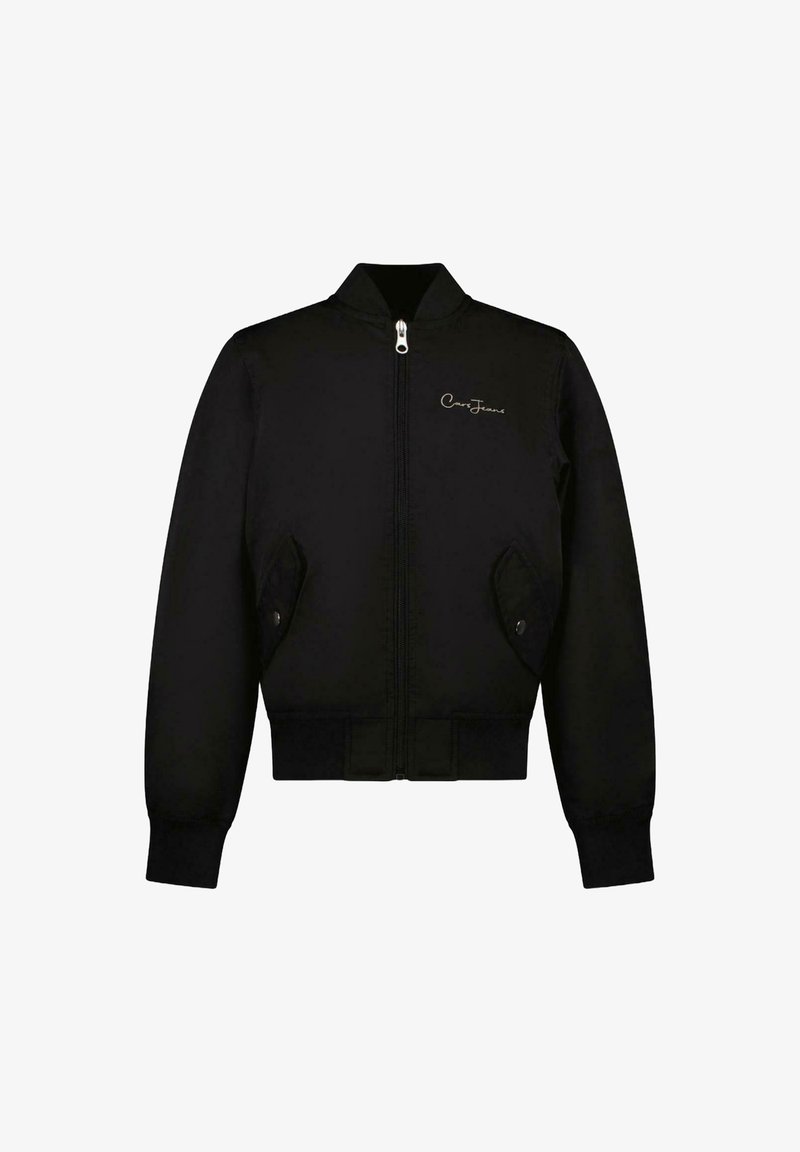 Zwart bomberjack met een ritssluiting aan de voorkant, ribgebreide manchetten en zoom, twee zijzakken en een geborduurd logo op de linkerkant van de borst. Gladde stoftextuur.