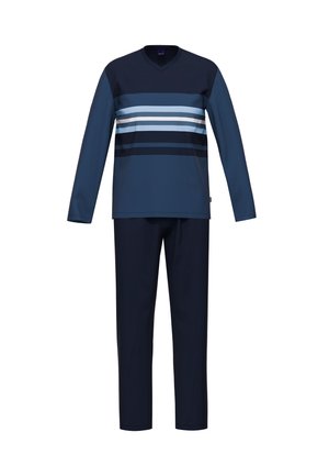 Pyjama mit langen Ärmeln in Marineblau mit hellblauen und weißen horizontalen Streifen über der Brust und passenden einfarbigen marineblauen Hosen.