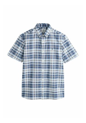 Short-sleeve button-up shirt with blue, white, and gray plaid pattern and small embroidered logo on the left chest.