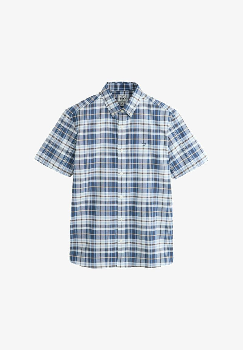 Košeľa s krátkym rukávom na gombíky s modrým, bielym a sivým károvaným vzorom a malým vyšívaným logom na ľavej strane hrudníka.
