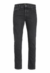 Sötétszürke, slim fit farmernadrág, elől gombbal, cipzárral, övhurkokkal és klasszikus öt zsebes kialakítással.