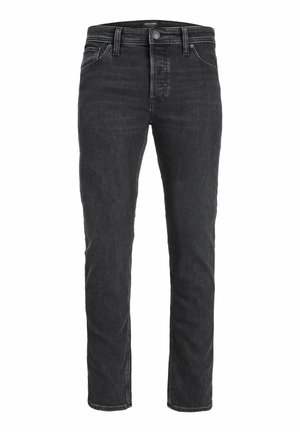 Jeans de corte slim en gris oscuro con botón frontal, cremallera, trabillas para cinturón y diseño clásico de cinco bolsillos.
