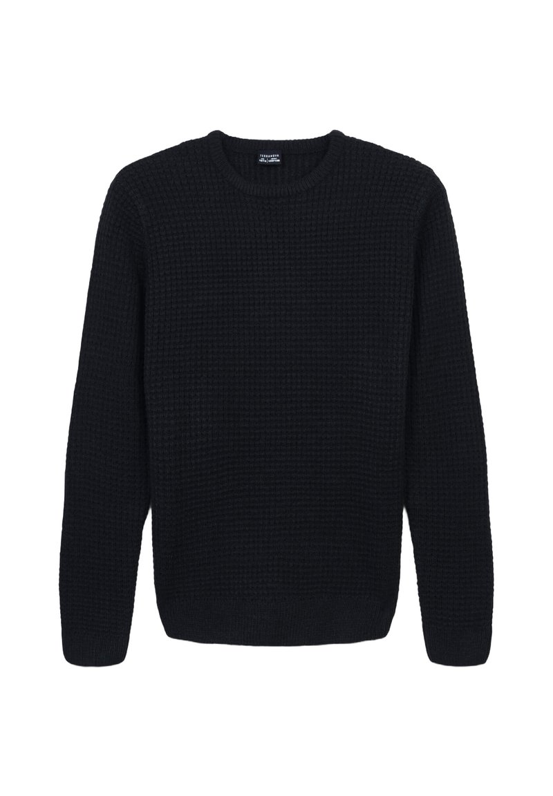 Czarny sweter dzianinowy z teksturowanym wzorem, okrągłym dekoltem i długimi rękawami. Ściągacze na rękawach i u dołu zapewniają dopasowane wykończenie.