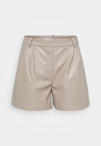 Beige leather shorts with a smooth texture, featuring pleats, a waistband with belt loops, and a single front pocket.