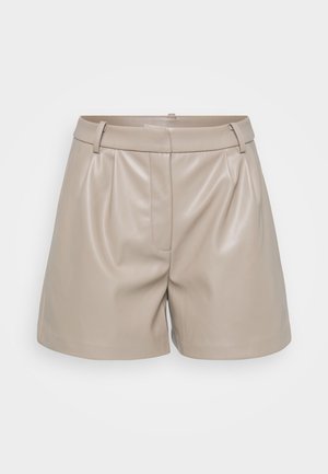 Beige leather shorts with a smooth texture, featuring pleats, a waistband with belt loops, and a single front pocket.